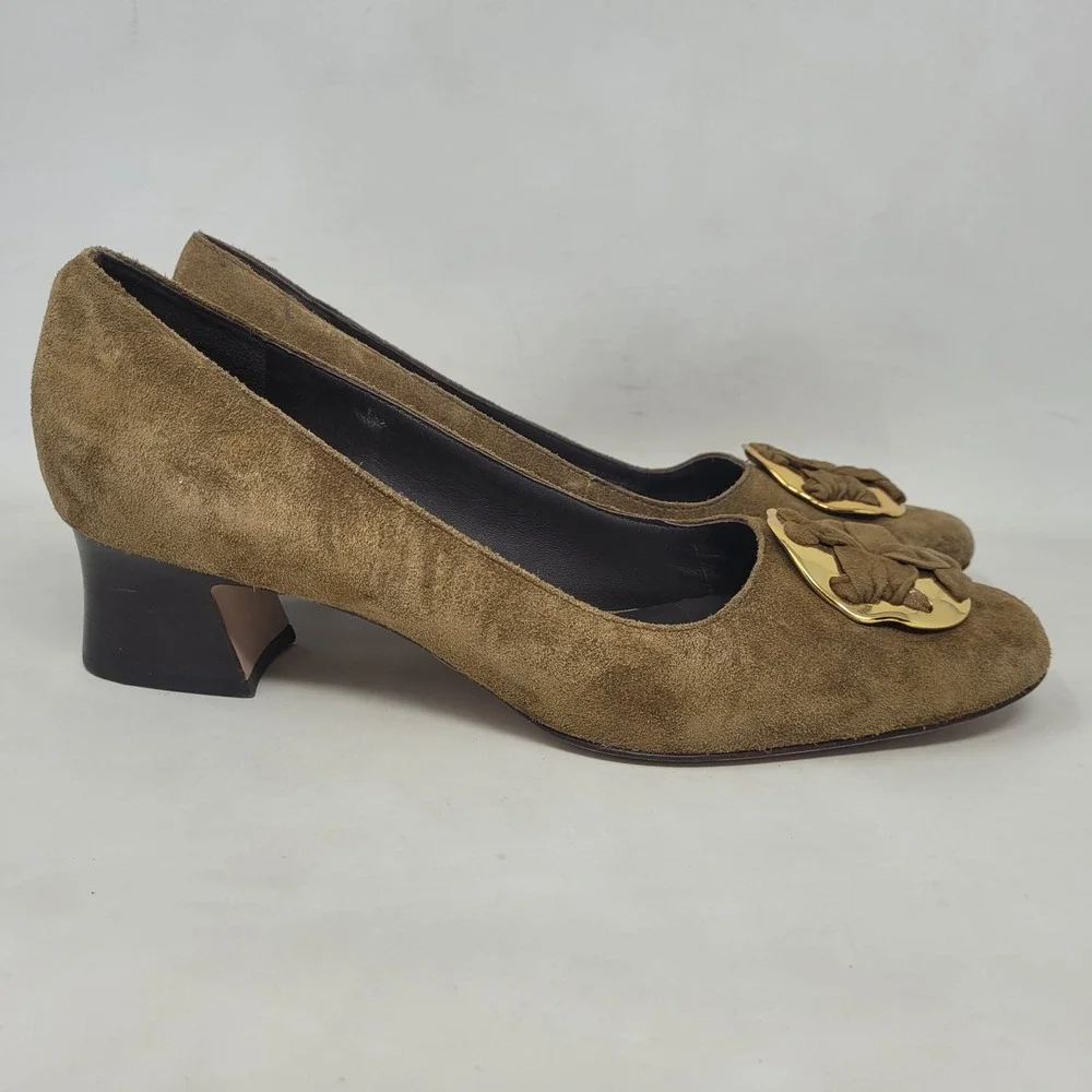 Tory Burch Heels 10M Brown Green Suede Medallion Pumps Block Heel Office Work